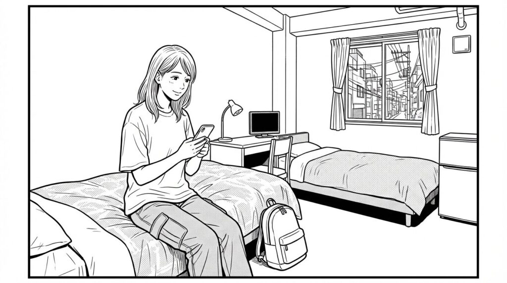 民宿の部屋でくつろぐ