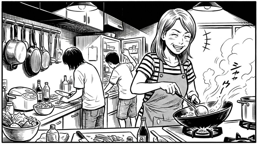 共有キッチンで料理する