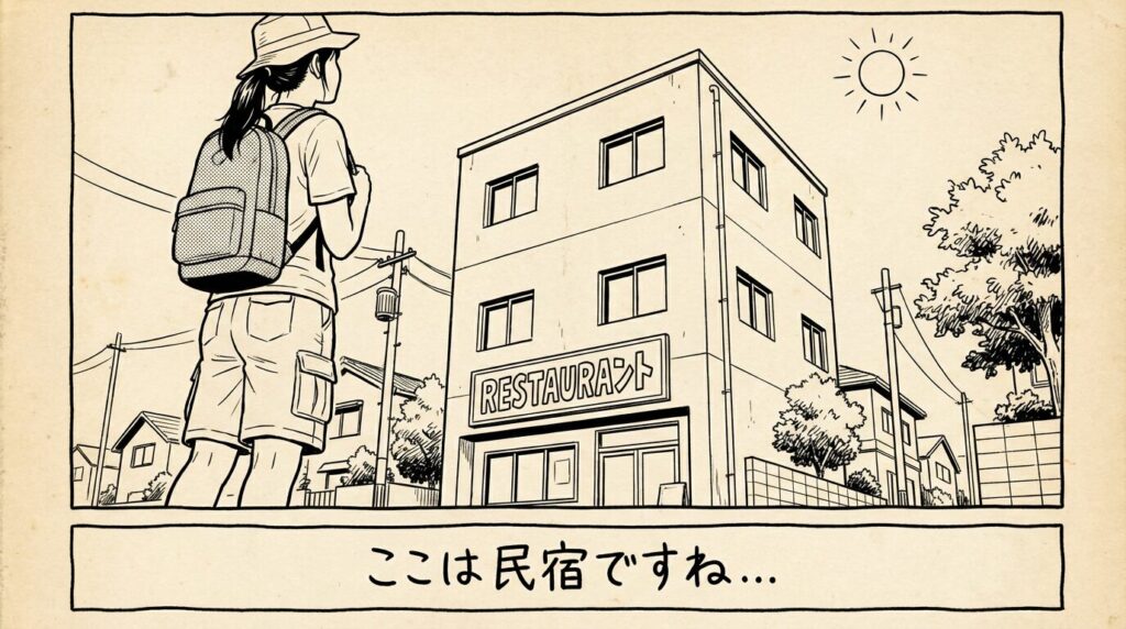 民宿の外観を見上げる