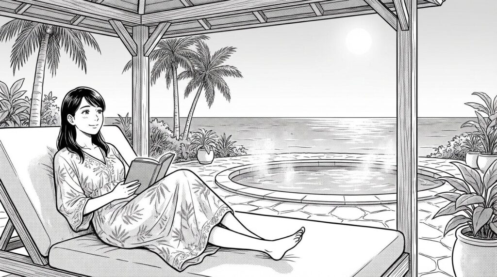 プールサイドで寛ぐ女性