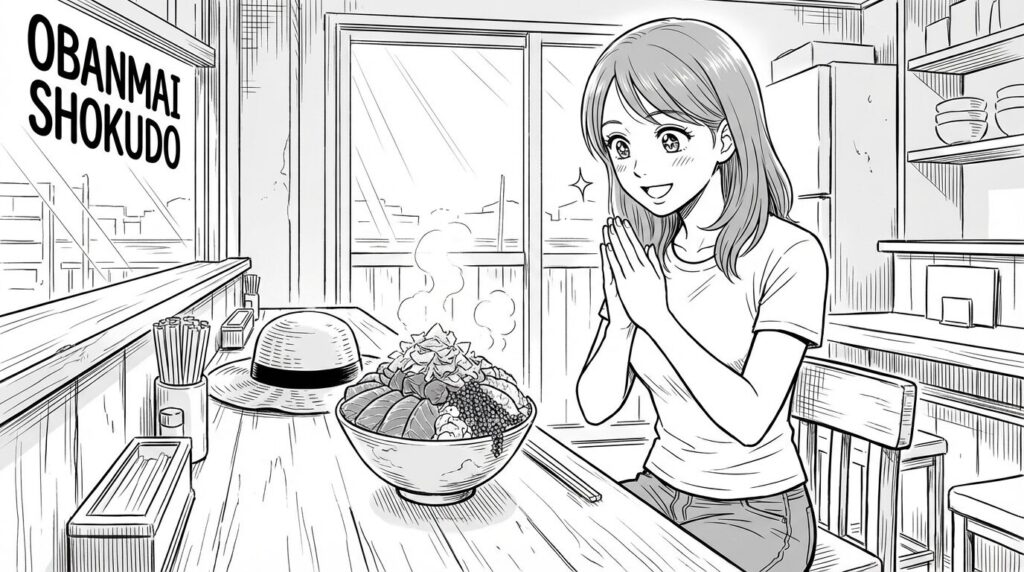 港の食堂で海鮮丼を食べる女性