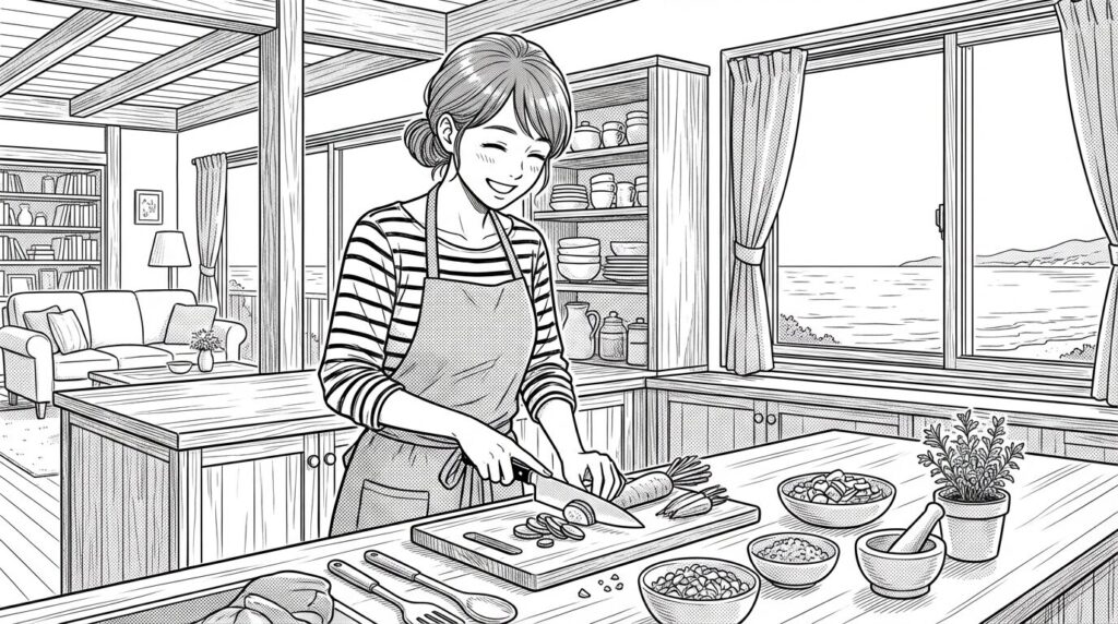 キッチンで料理を楽しむ