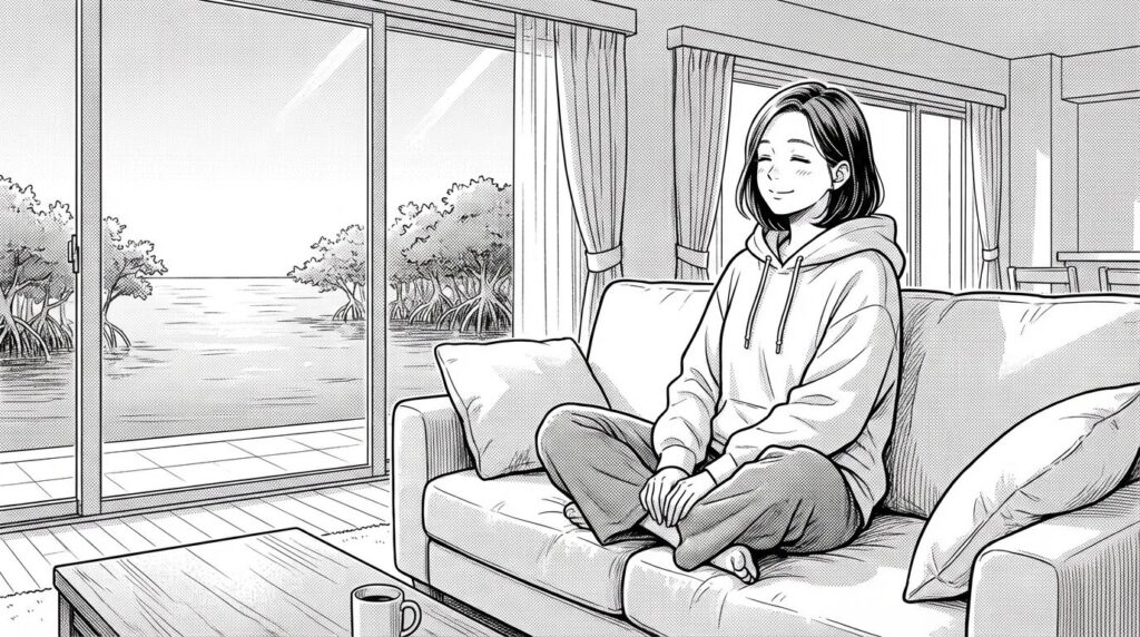 一棟貸しヴィラのリビングで寛ぐ