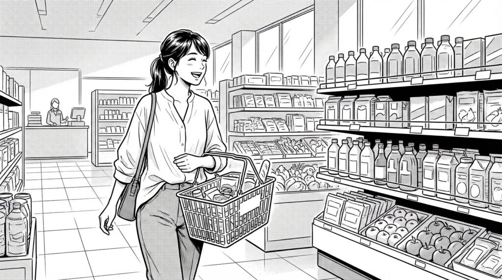 1階のスーパーで買い物をする
