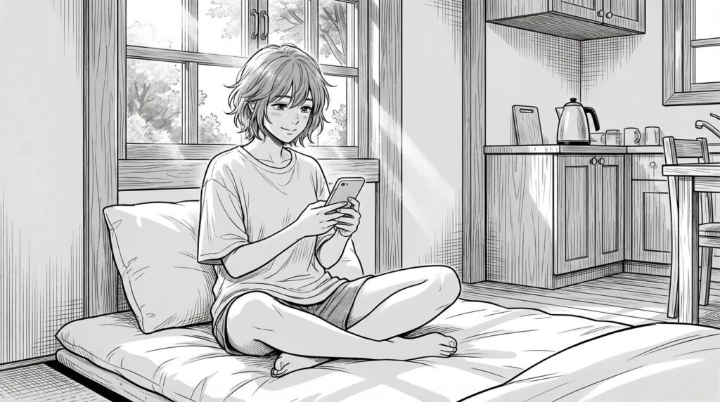 コテージ内でくつろぐ