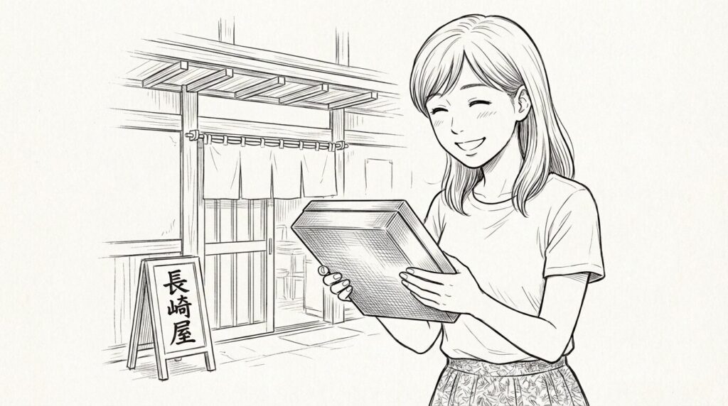 ナガサキ屋のカステラを手に持つ