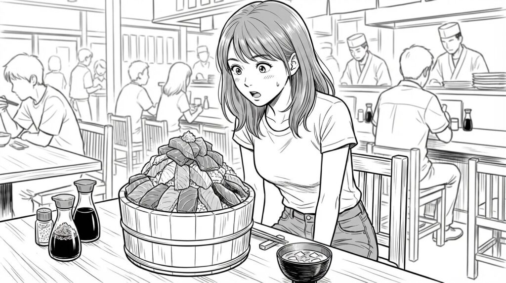 桶盛り丼を前にする女性