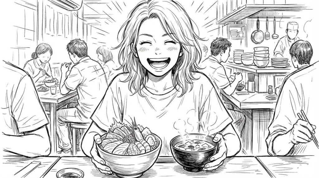 海鮮丼を前にする女性