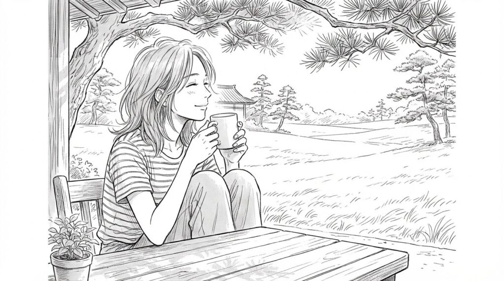 庭でコーヒーを飲む女性