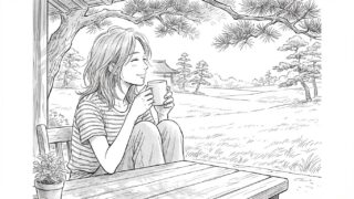 庭でコーヒーを飲む女性