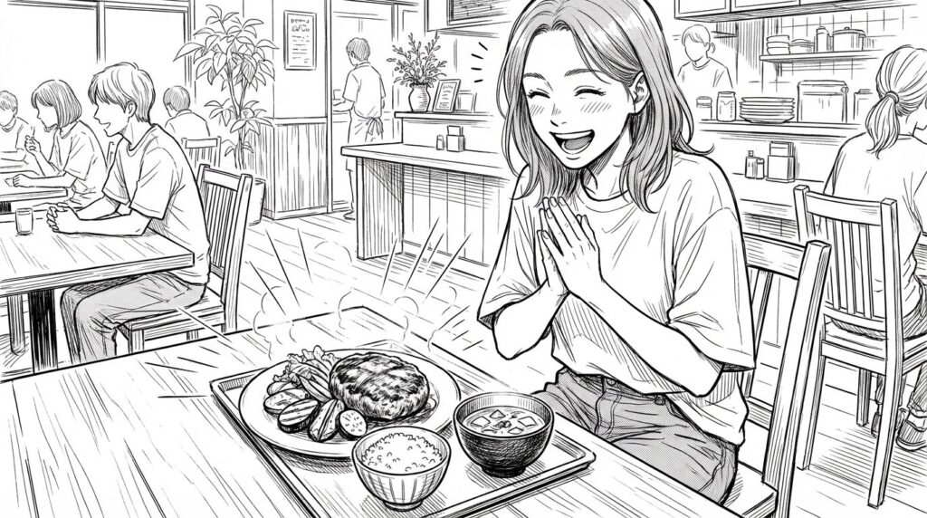 ハンバーグを前にする女性