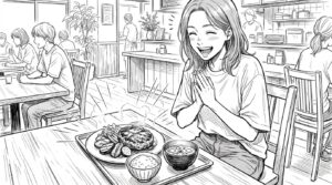 ハンバーグを前にする女性