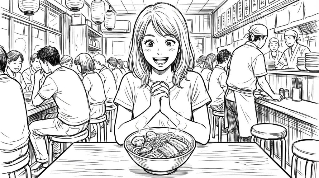 宮古そばを前にする女性