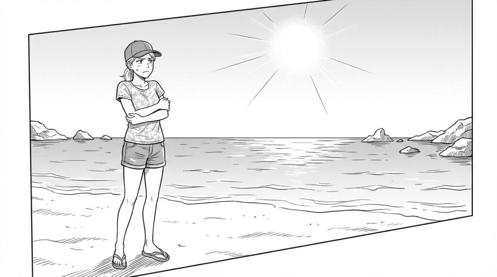 昼間の佐和田の浜で期待外れの表情