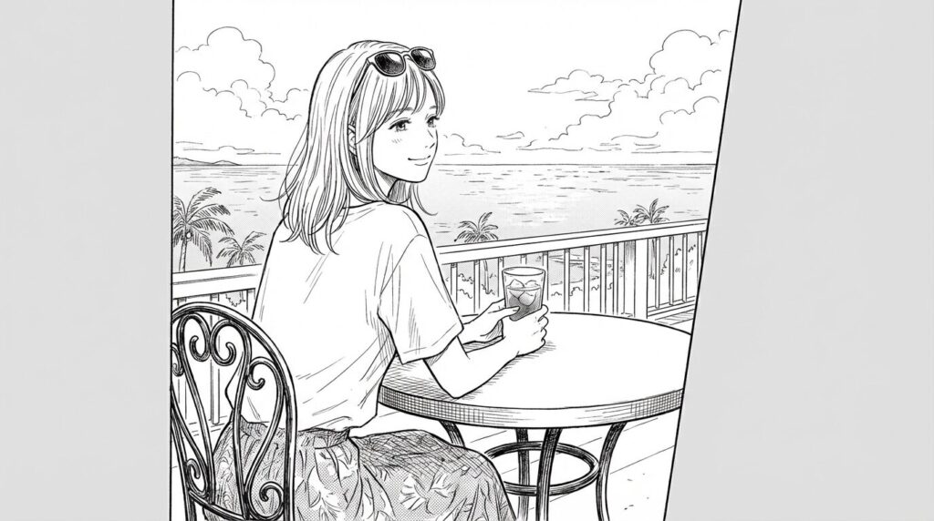 テラス席から海を眺める女性