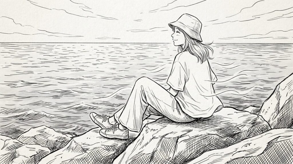 岩場から海を眺める女性