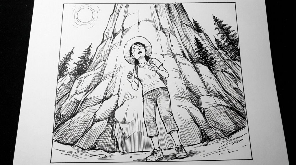 岩を見上げる女性