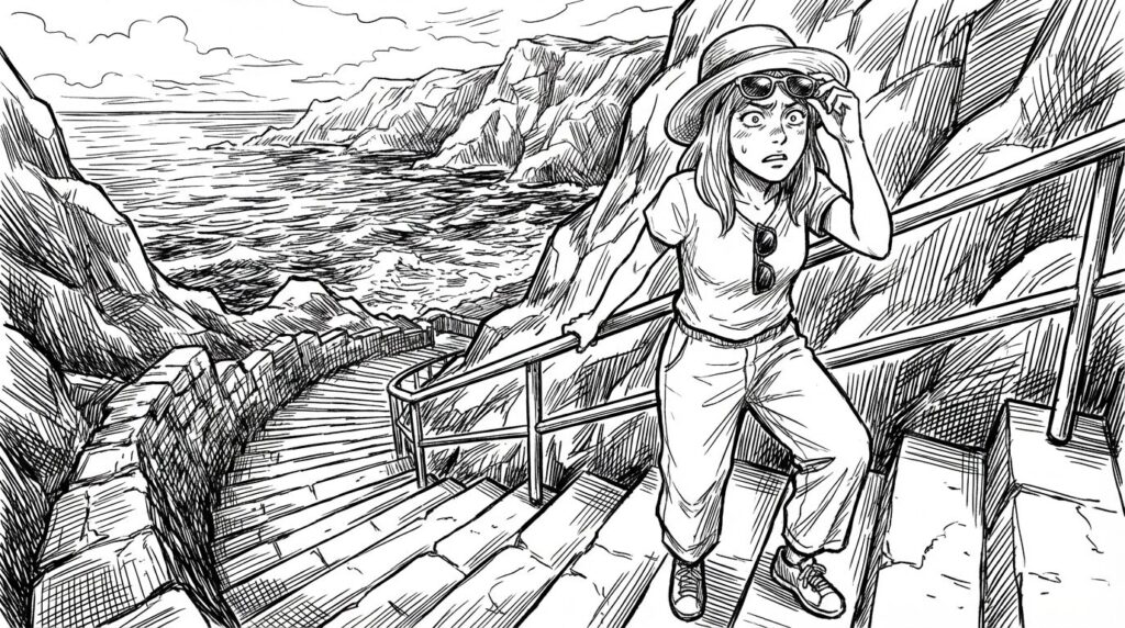 急な石段を下りる女性