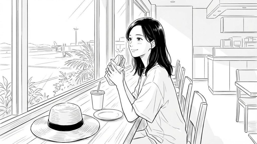 空港のカフェでくつろぐ女性