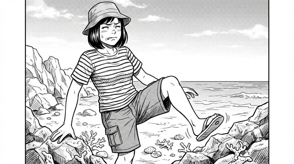 岩場で足を痛そうにしている