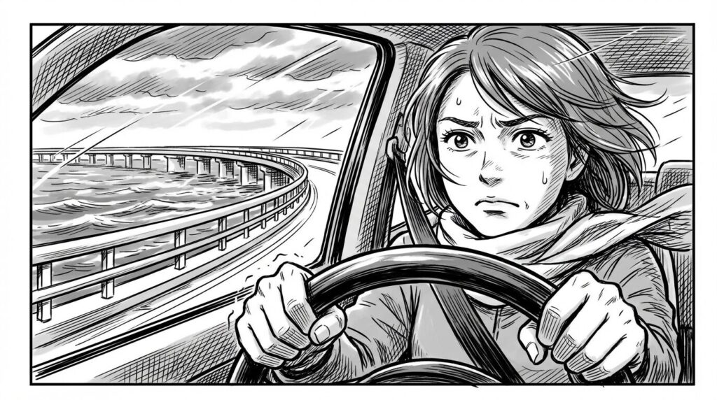 伊良部大橋ドライブ　強風でハンドルを必死に握る