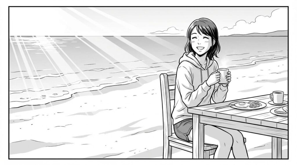 ビーチで朝食を楽しむ