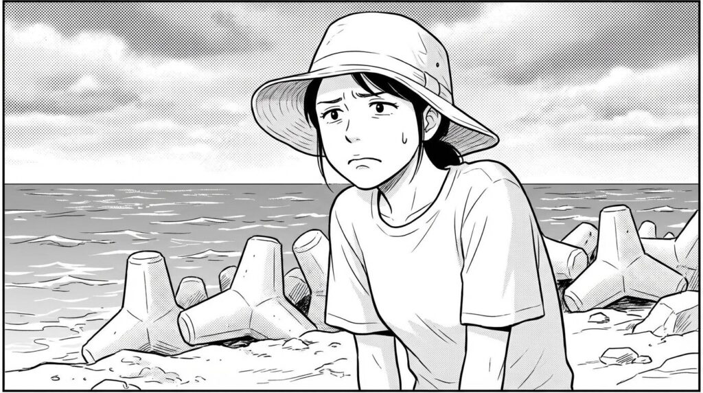 17END　曇り空と海を眺める女性