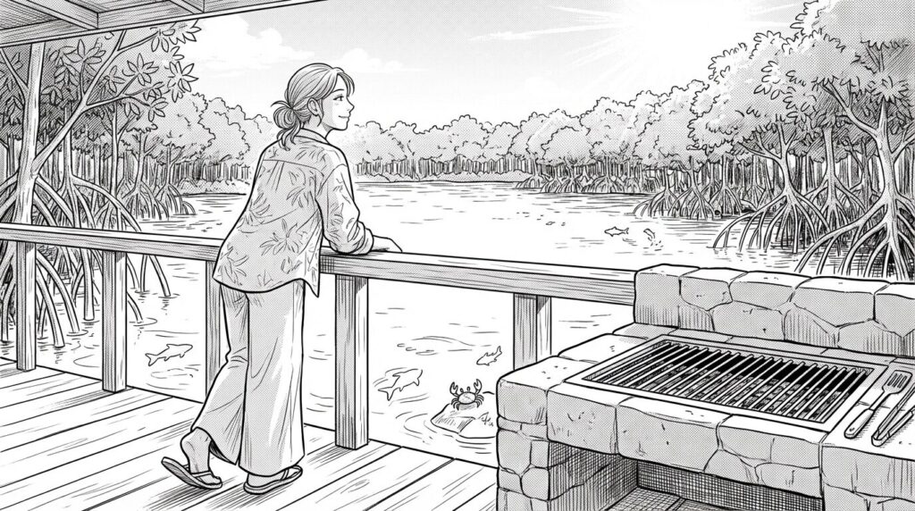 テラスから入り江とマングローブを眺める