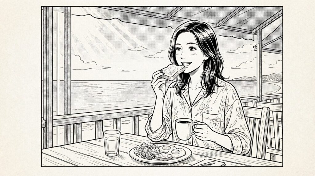 レストランで朝食を楽しむ