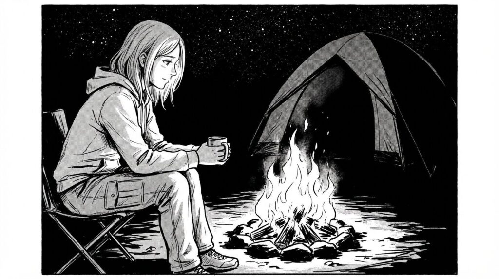 キャンプ場で焚き火を見つめる