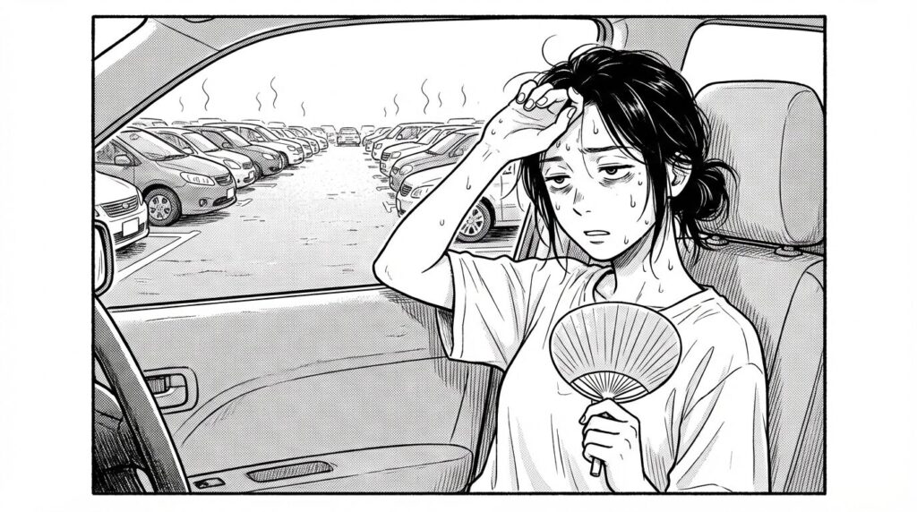 混雑した駐車場で車を待つ