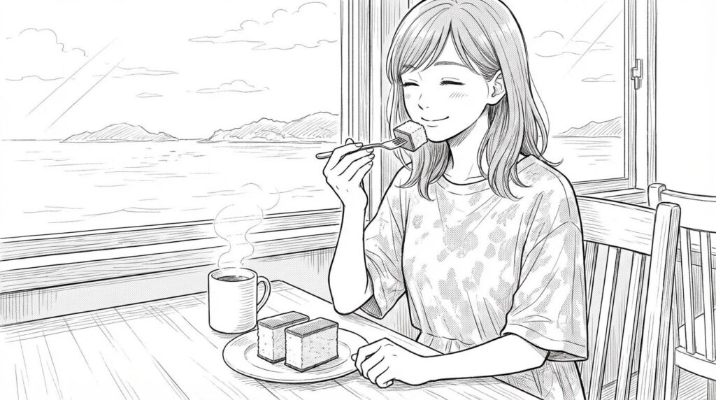 カステラと一緒にコーヒーを飲む