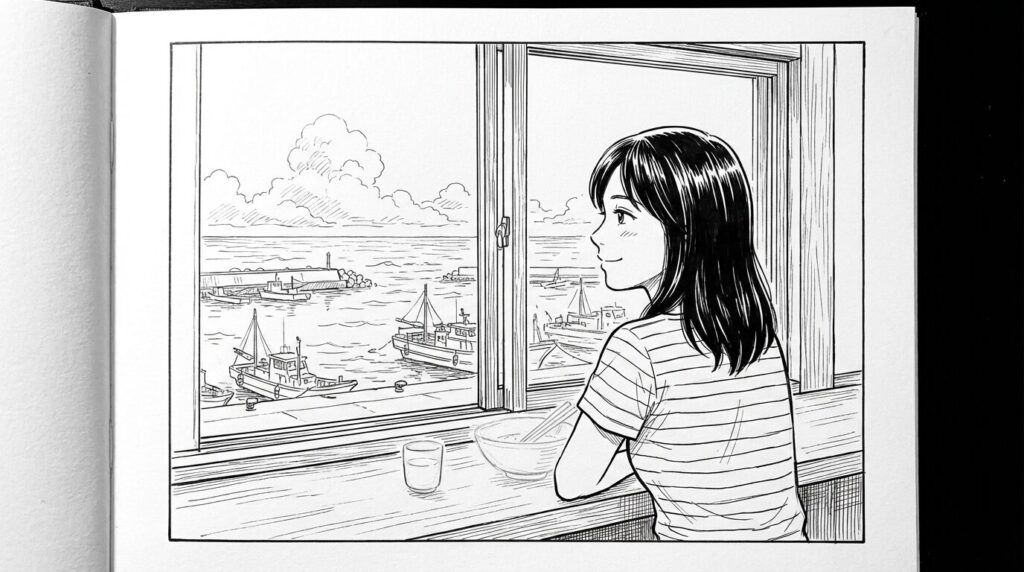 カウンター席で海を眺める女性