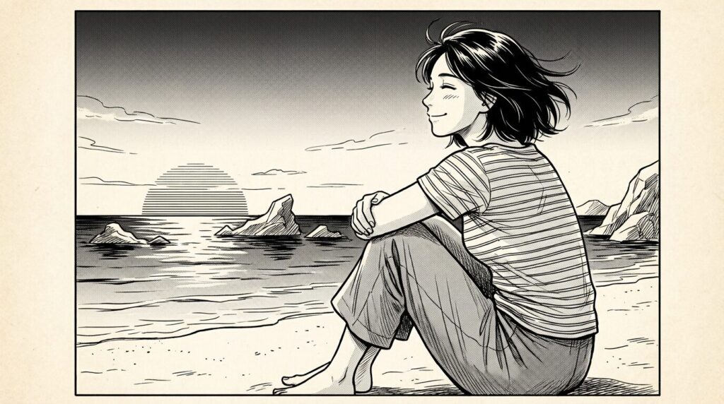 夕日を眺めて感動している様子