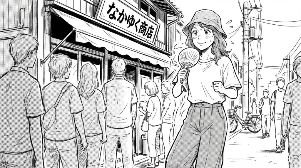 店の外で並ぶ女性