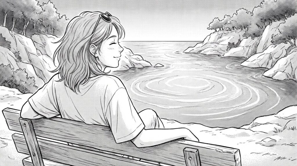 入り江を眺める女性