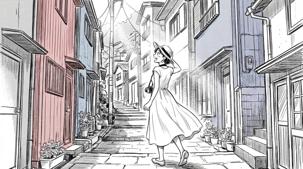 カラフルな街並みを散策する女性