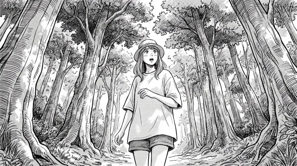 ヤラブの木を見上げる女性