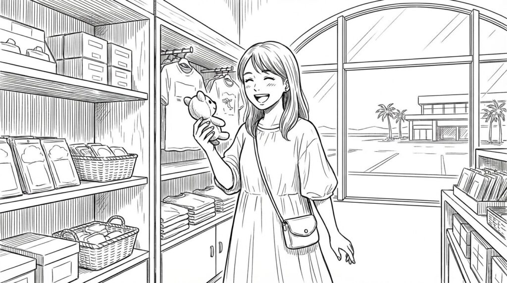 空港のお土産屋を楽しむ女性