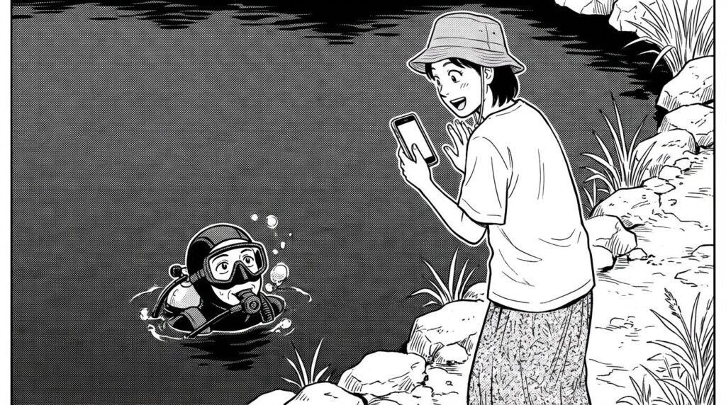 池の縁からダイバーを見る