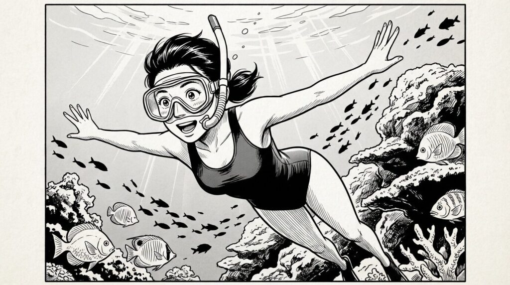 海の中で魚に囲まれて感動する