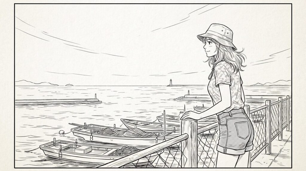 漁港で漁船を眺める女性