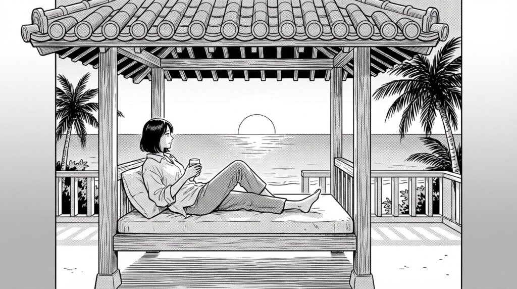 夕暮れのガゼボで寛ぐ