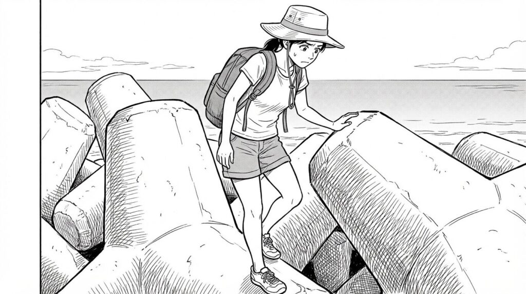 17END　テトラポットを降りる女性