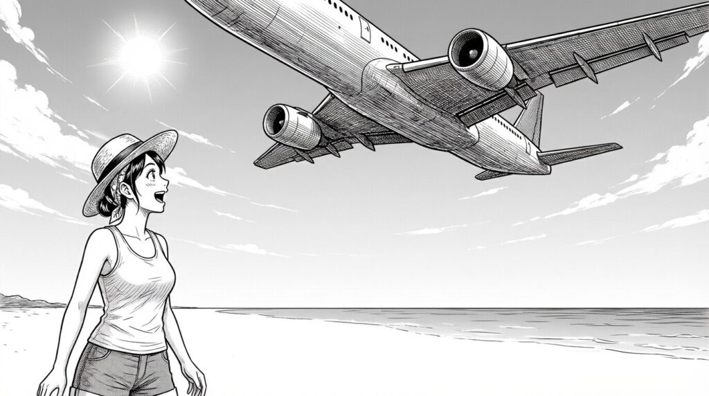 17ENDで飛行機を見上げる