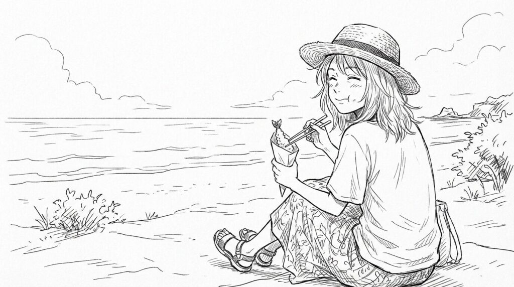 渡口の浜で天ぷらを食べる