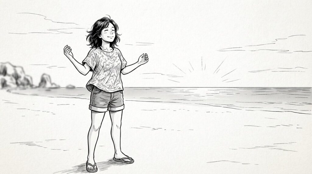 早朝の静かなビーチで満足そうな表情