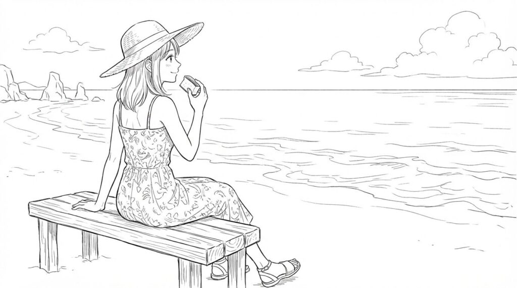 ビーチでカステラを食べる