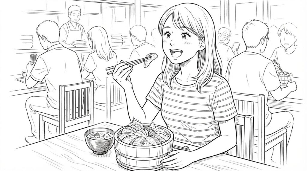 海鮮丼を食べる