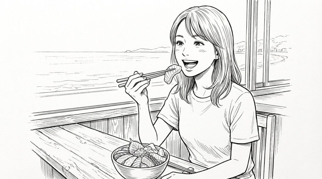 海を見ながら食事する女性